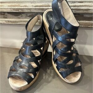 Dansko Cecily Black Leather Cork Wedge Sandals Womens Size 41 (US 10.5-11)